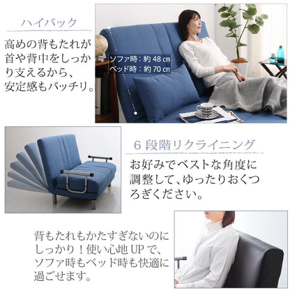 3wayソファベッド 6段階リクライニング 高弾力 ベッド時セミダブル相当 クッション2個付き