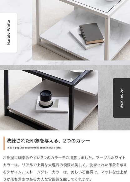 ガラス天板センターテーブル 80x50cm 段違い棚板 スタイリッシュ ローテーブル