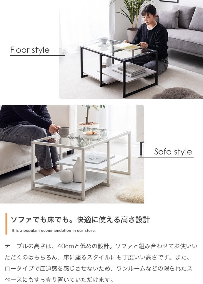 ガラス天板センターテーブル 80x50cm 段違い棚板 スタイリッシュ ローテーブル