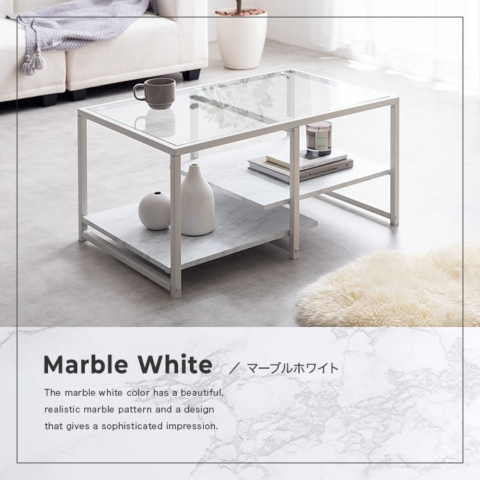 ガラス天板センターテーブル 80x50cm 段違い棚板 スタイリッシュ ローテーブル