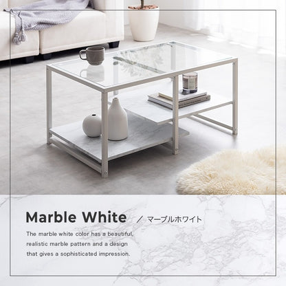 ガラス天板センターテーブル 80x50cm 段違い棚板 スタイリッシュ ローテーブル