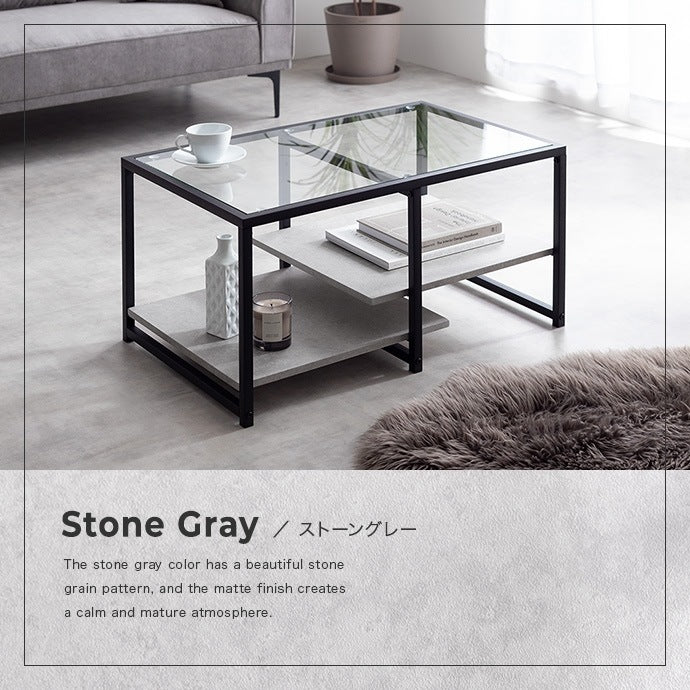 ガラス天板センターテーブル 80x50cm 段違い棚板 スタイリッシュ ローテーブル
