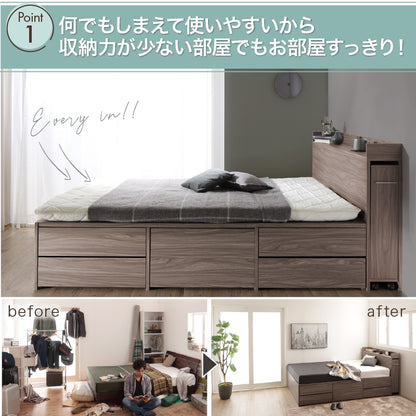 本棚 + タンス内蔵 シングルベッド + マットレスセット S 多機能 コンセント付き 大容量収納 すきまブックラック