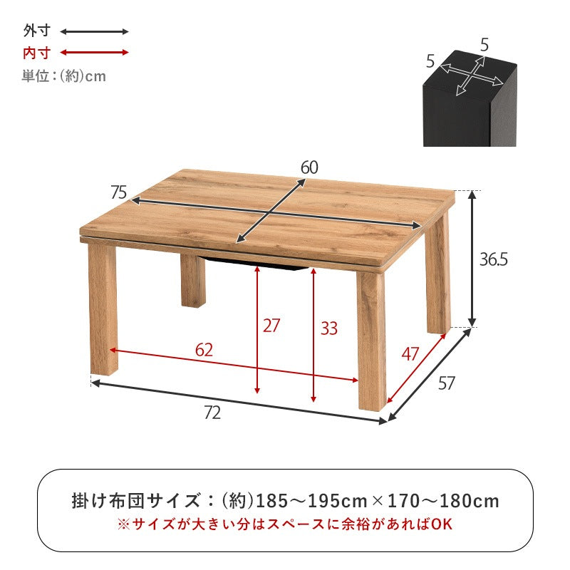 こたつテーブル 75x60cm 両面使用 オールシーズン 石英管ヒーター