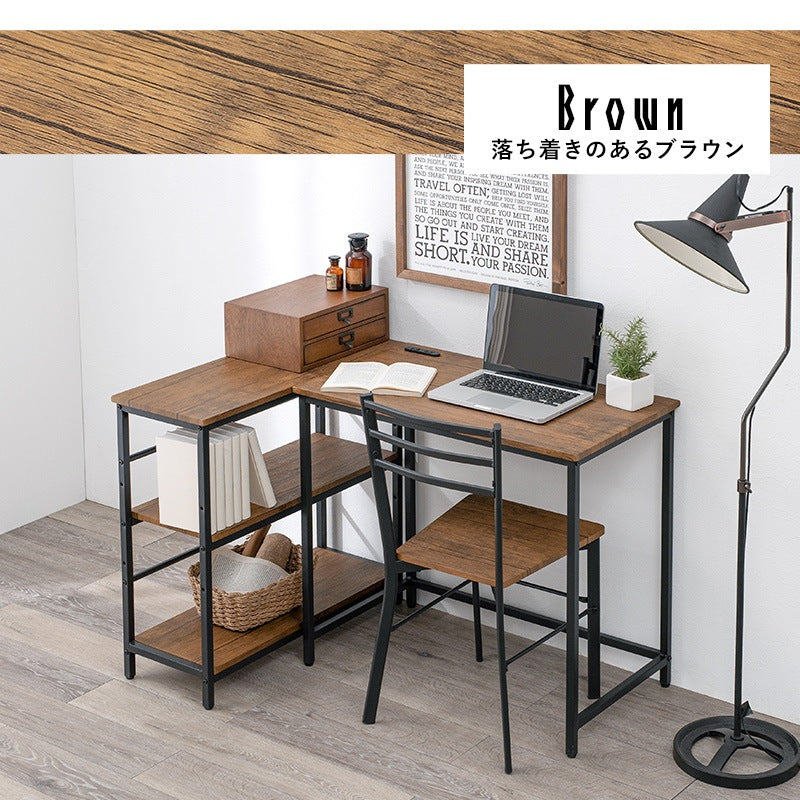 デスク3点セット （デスク + チェア + 3段ラック） コンセント付き 可動棚 L字デスク