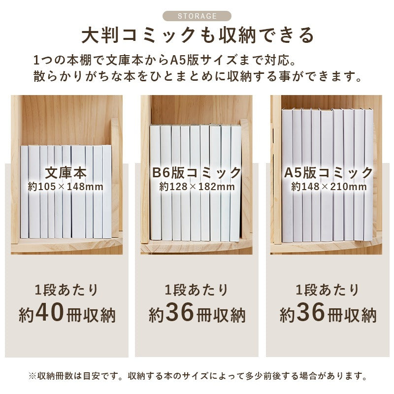 丸回転ラック 4段 本棚 360度回転 ブックラック 無塗装 天然木パイン材 コミックラック 角丸 安全