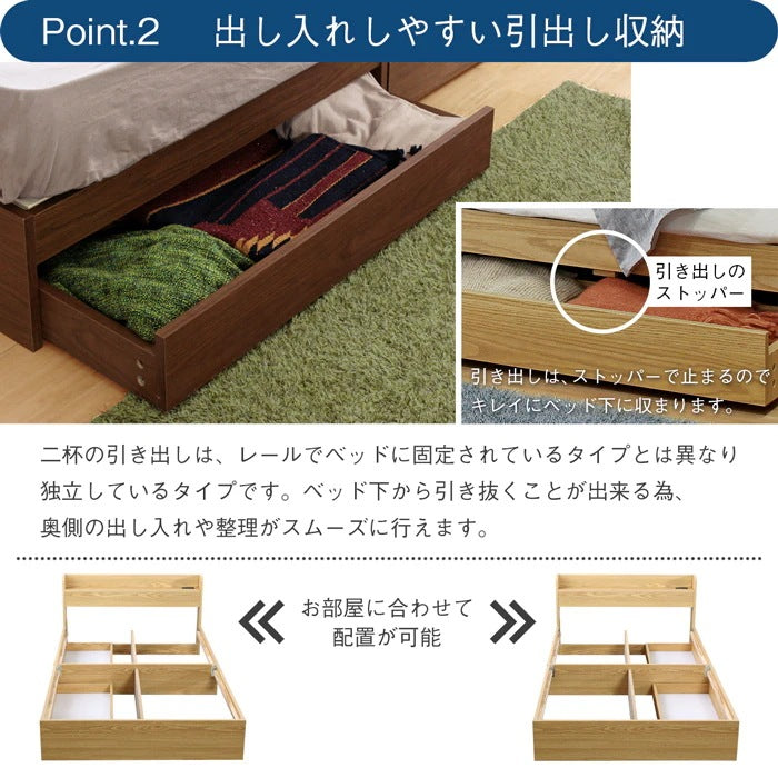 クイーンベッド + グレーマットレスセット 引き出し収納 コンセント ヘッドボード 高反発マットレス