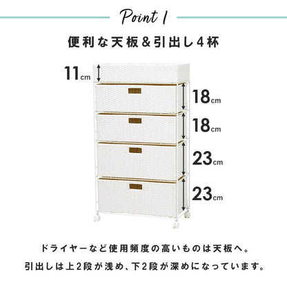 ランドリーラック 4段 幅60.5cm ハイタイプ すきま収納 水濡れOK ラタン調 完成品 洗面所