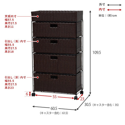 ランドリーラック 4段 幅60.5cm ハイタイプ すきま収納 水濡れOK ラタン調 完成品 洗面所