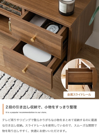 【幅100cm】Lucas 脚付きテレビボード 木目調×ゴールドが上品 3種類の収納＆配線スリットでスッキリ整理