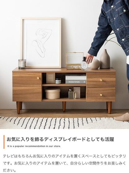 【幅100cm】Lucas 脚付きテレビボード 木目調×ゴールドが上品 3種類の収納＆配線スリットでスッキリ整理