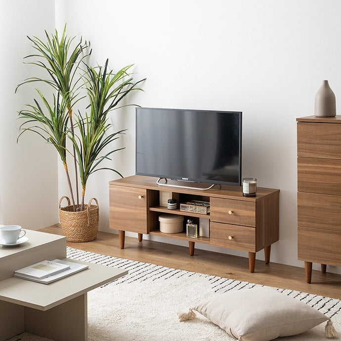 【幅100cm】Lucas 脚付きテレビボード 木目調×ゴールドが上品 3種類の収納＆配線スリットでスッキリ整理