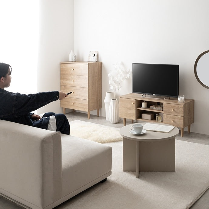 【幅100cm】Lucas 脚付きテレビボード 木目調×ゴールドが上品 3種類の収納＆配線スリットでスッキリ整理