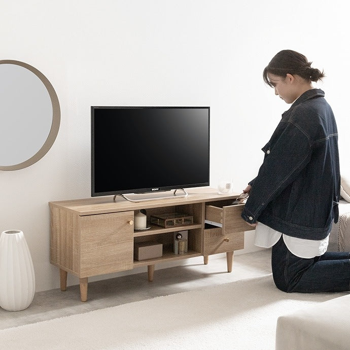 【幅100cm】Lucas 脚付きテレビボード 木目調×ゴールドが上品 3種類の収納＆配線スリットでスッキリ整理