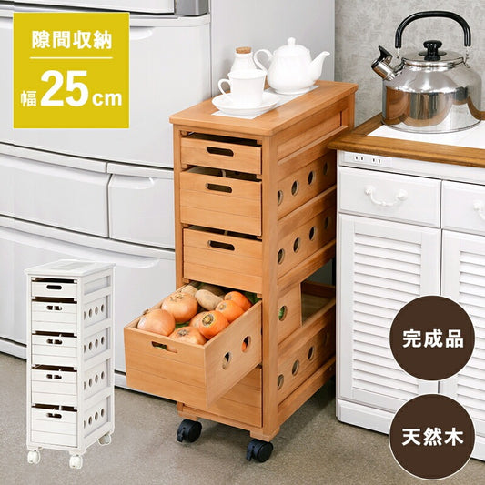 天然木 キッチンストッカー 耐熱タイル天板 幅25cm すきま収納 キャスター起動 完成品