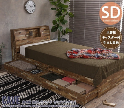 寄木柄セミダブルベッド ベッドフレーム単品 ヴィンテージ風 Cave 引出し付ベッド