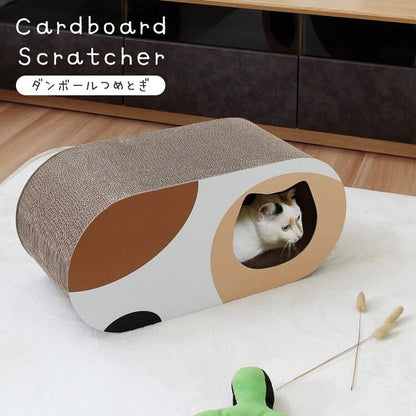 猫用 段ボール 爪とぎ 三毛猫柄 オーバル トンネル 爪磨き コルゲート紙 ストレス解消