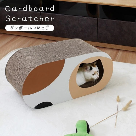猫用 段ボール 爪とぎ 三毛猫柄 オーバル トンネル 爪磨き コルゲート紙 ストレス解消