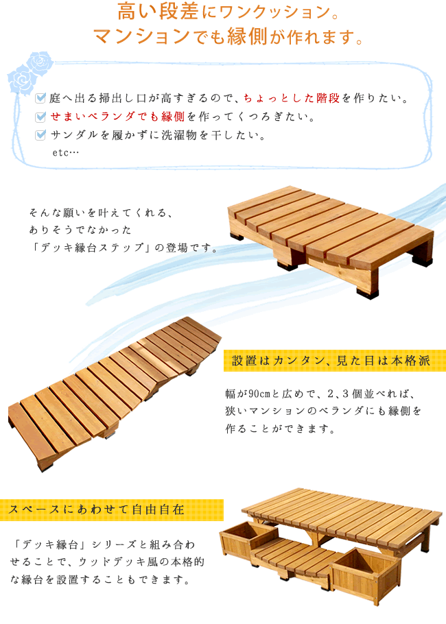 縁台ステップ 幅90cm コンパクト 屋外 高耐久 木目調 ナチュラル ウッドデッキ 段差解消