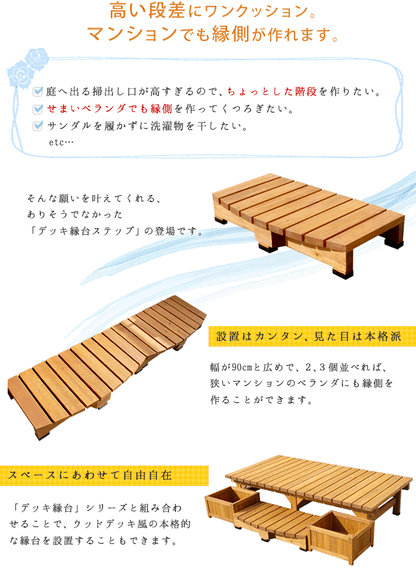 縁台ステップ 幅90cm コンパクト 屋外 高耐久 木目調 ナチュラル ウッドデッキ 段差解消