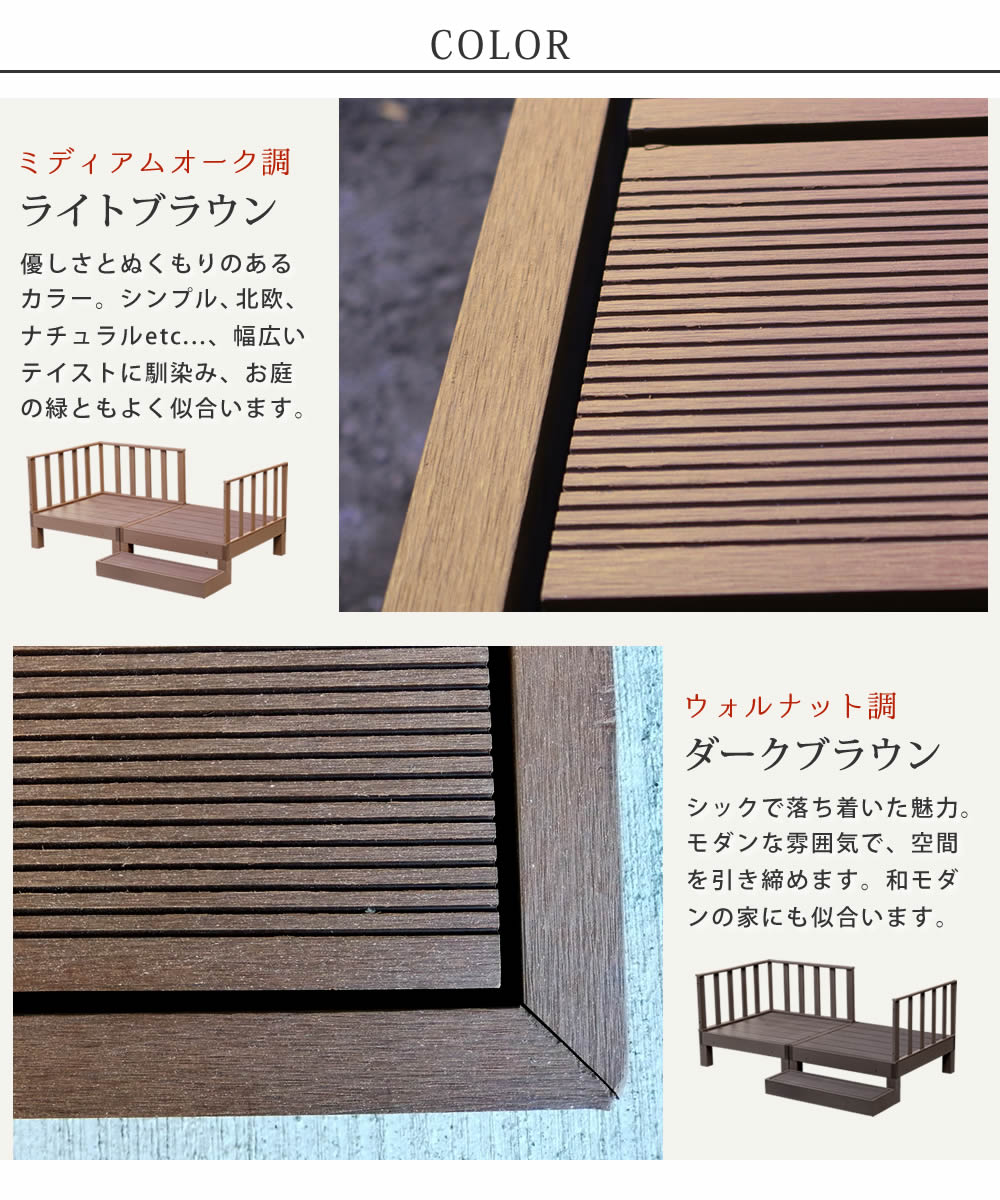 ウッドデッキ 人工木 2台セット ステップ フェンス付き ナチュラル 高耐久 屋外 組立簡単