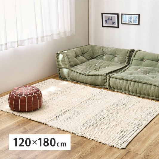 【サステナブル】インド綿ラグマット チンディ 約120×180cm かすれボーダー 裂き織製法でアップサイクル やわらかタッチ