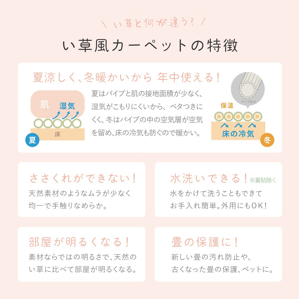 カーペット い草風 約174×174cm 江戸間2畳 耐水 パステルカラー 洗える 軽量