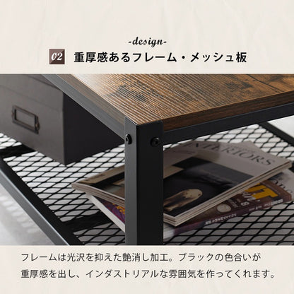 ローテーブル ヴィンテージ 90×50cm キャスター付き 棚付き スチール脚 メラミン天板 男前インテリア