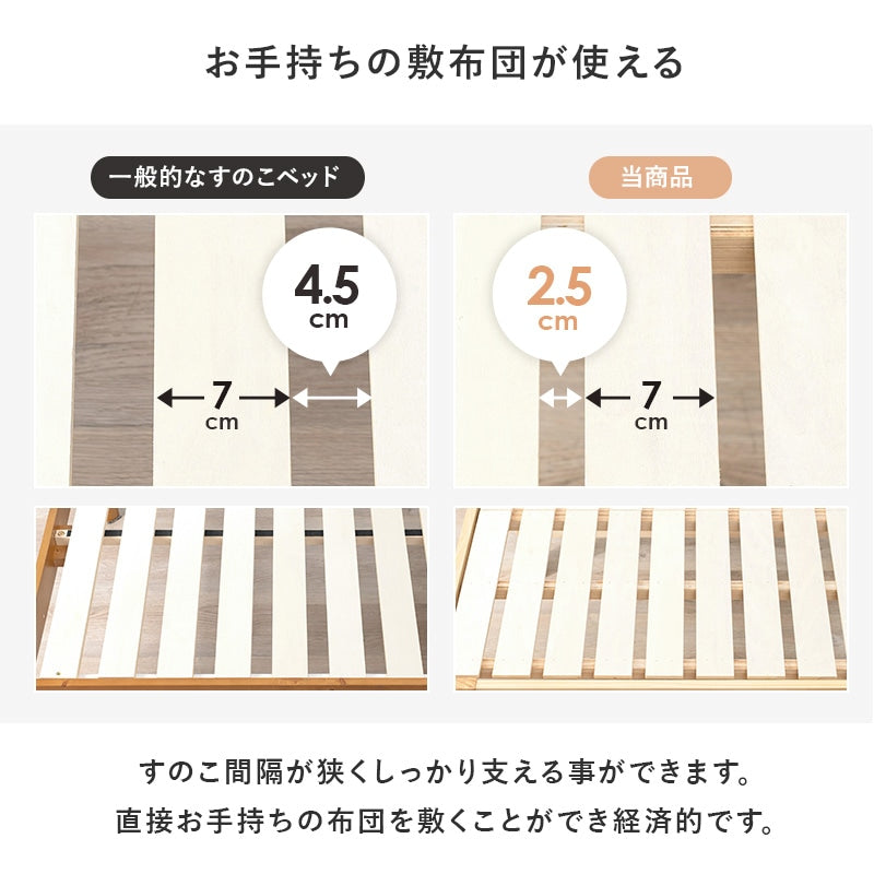 シングルベッド すのこ ミドルタイプ 天然木 床面高さ3段階 大容量収納 2口コンセント 幅102cm