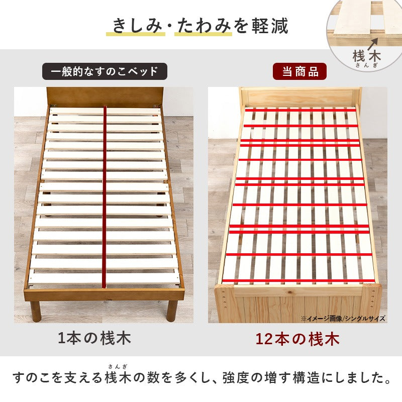 シングルベッド すのこ ミドルタイプ 天然木 床面高さ3段階 大容量収納 2口コンセント 幅102cm
