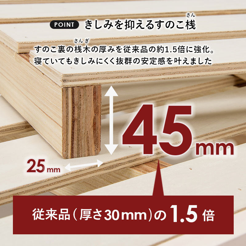シングルベッド すのこ ロングサイズ 天然木 高さ3段調節 敷布団対応 コンセント付き 一人暮らし