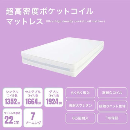 シングルベッド 超高密度マットレスセット アイアンフレーム ポケットコイル 高反発 高通気性 ロータイプ