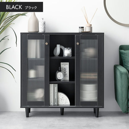 キャビネット 幅78cm 引き戸 モールガラス扉 ゴールド取っ手 モノトーン 上品 収納 リビング