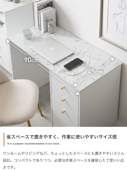 デスク 幅90cm 引き出し付き コードタップ収納 ホワイト ゴールド 大理石柄 在宅勤務