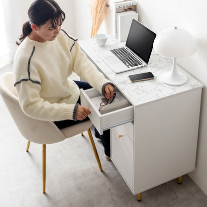 デスク 幅90cm 引き出し付き コードタップ収納 ホワイト ゴールド 大理石柄 在宅勤務