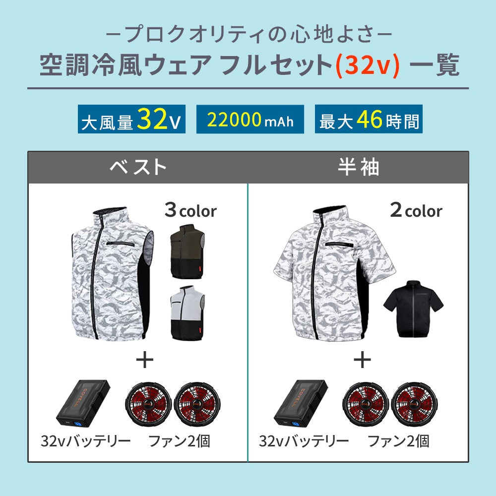 空調冷風ベスト フルセット 32V サイドファン 外仕事 ガーデニング ウォーキング 熱中症対策