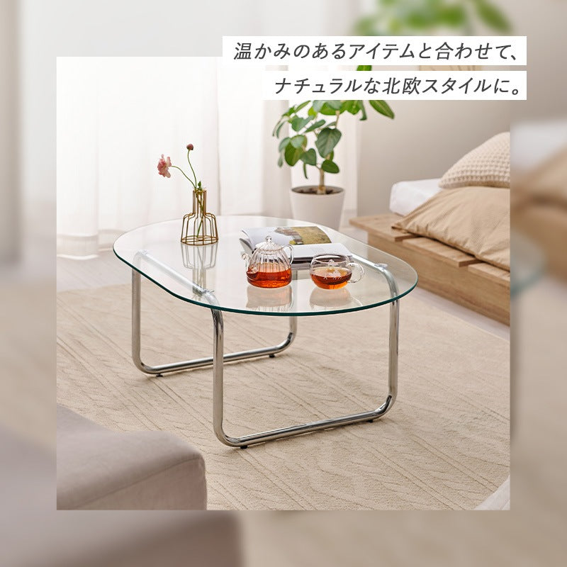ローテーブル ガラス天板 楕円形 90×60cm シルバー脚 アジャスター おしゃれ モダン