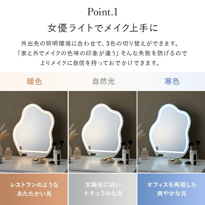 女優ミラー LED ドレッサー + スツールセット 幅75cm ウェーブミラー 引き出し椅子