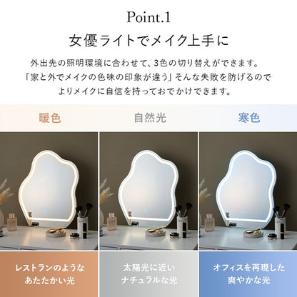 女優ミラー LED ドレッサー + スツールセット 幅75cm ウェーブミラー 引き出し椅子