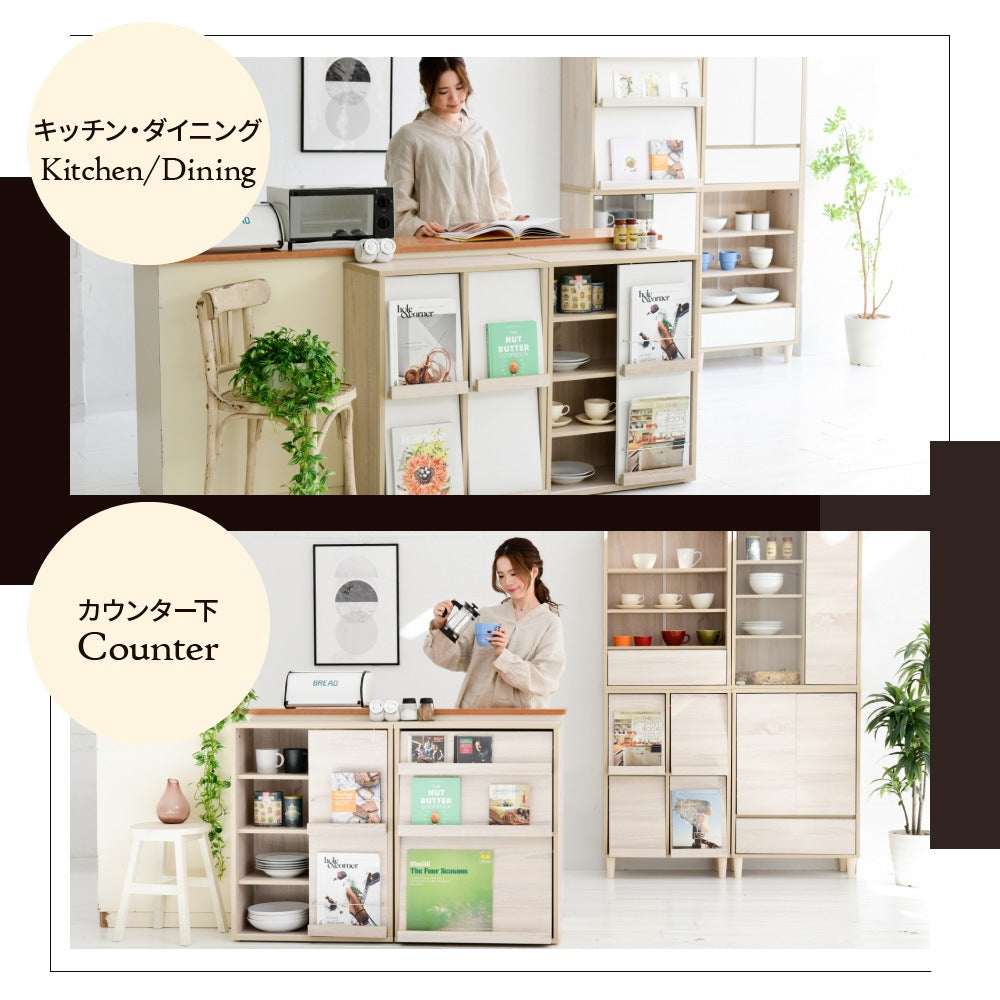 ディスプレイラック 幅60cm 2段 スライド扉付き 木製 北欧風 本棚 薄型 キャビネット