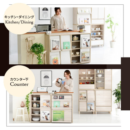 ディスプレイラック 幅60cm 2段 スライド扉付き 木製 北欧風 本棚 薄型 キャビネット