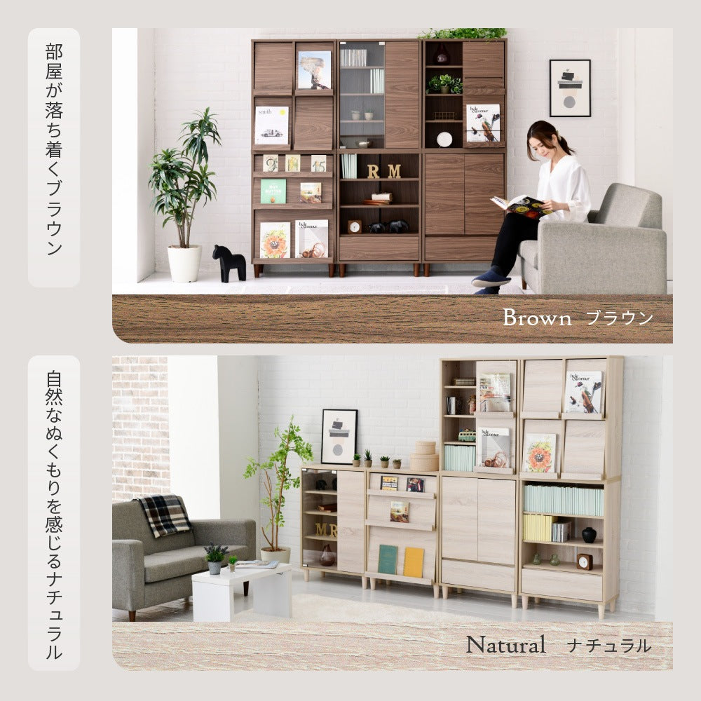 ディスプレイラック 幅60cm 2段 スライド扉付き 木製 北欧風 本棚 薄型 キャビネット