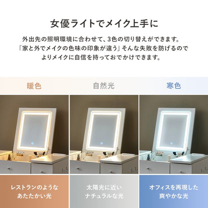 ドレッサー LED女優ライト スツール付き 幅67cm コンセント付き ミラー角度調整 デスク兼用
