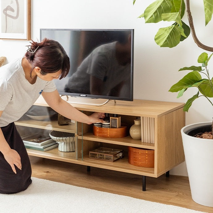 テレビ台 ローボード 幅120cm ガラス引き戸 レトロ調 収納 おしゃれ リビング