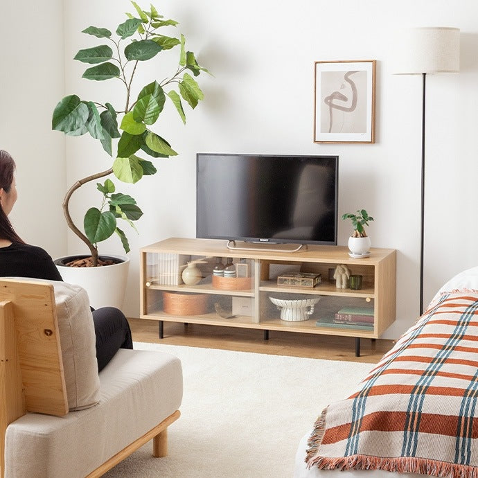 テレビ台 ローボード 幅120cm ガラス引き戸 レトロ調 収納 おしゃれ リビング