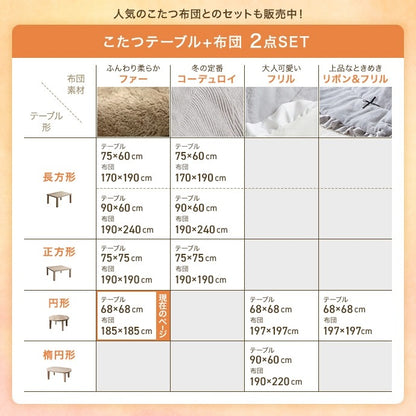 リバーシブル こたつセット （こたつテーブル + 掛布団） 円形テーブル直径68cm フェイクラビットファー