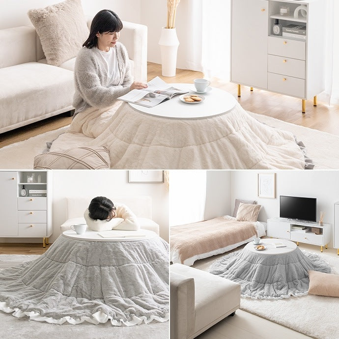 フリル付き リバーシブル こたつセット （こたつテーブル + 掛布団） 円形テーブル直径68cm フェイクラビットファー