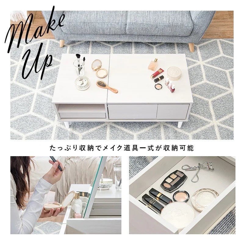ドレッサーテーブル 2way 幅95cm ミラー付き 引き出し付き ローテーブル兼用 化粧台 机