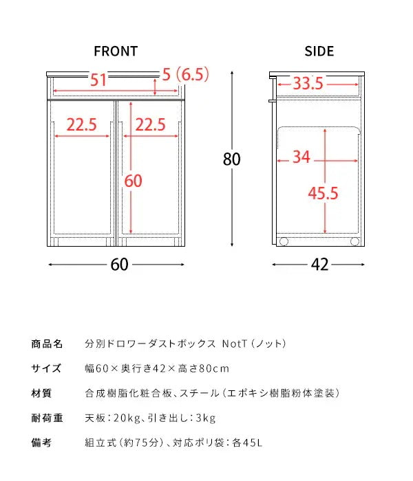 ゴミ箱に見えないゴミ箱 45L x2 天板はレンジ台にも 幅60cm キャスター移動 分別ドロワー 引き出し付き ダストボックス