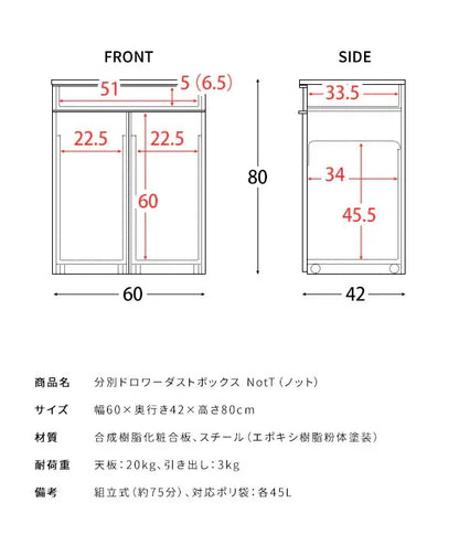 ゴミ箱に見えないゴミ箱 45L x2 天板はレンジ台にも 幅60cm キャスター移動 分別ドロワー 引き出し付き ダストボックス